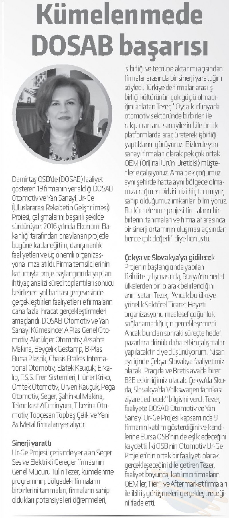 Kümelenmede DOSAB başarısı- 16.04.2018 Sanayi Gazetesi