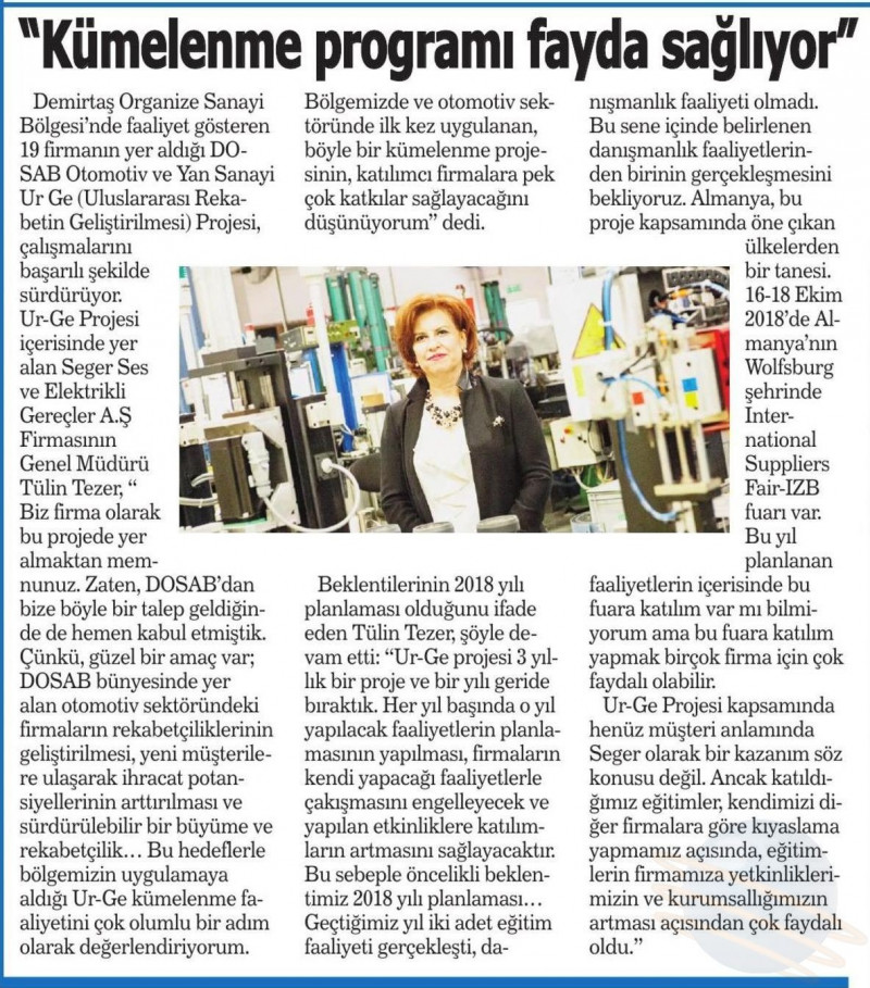 \"Kümelenme programı fayda sağlıyor\"- 17.04.2018 Ekohaber Gazetesi