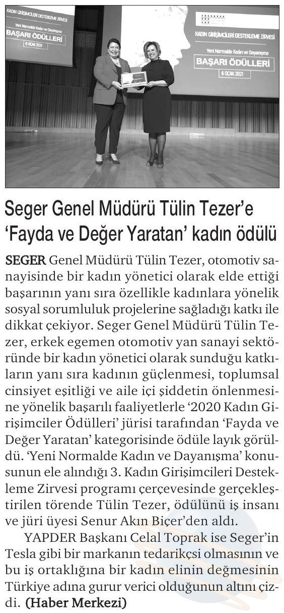 Seger Genel Müdürü Tülin Tezere "Fayda Ve Değer Yaratan " Kadın Ödülü  - Hürses - 16.01.2021