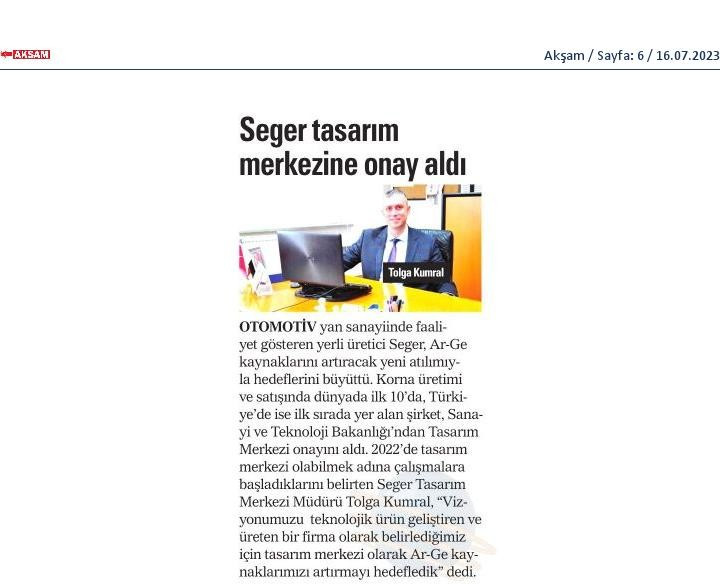 Seger Tasarım Merkezi Onay Aldı