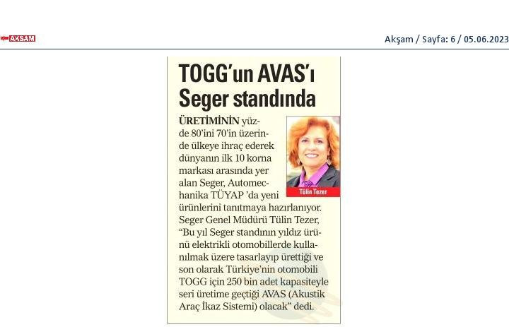 Togg\'un Avas\'ı Seger Standından