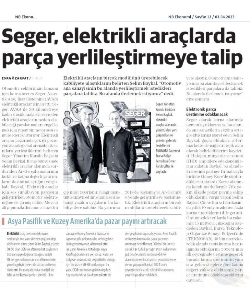 Seger, Elektrikli Araçlarda Parça Yerlileştirmeye Talip